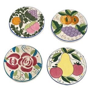 Vtg World Bazaars 4 Fruit Ceramic Glazed White Trivets Blue Rim Chinoiserie 6.5”